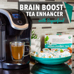 Steaming cup of Sollo Brain Power tea with cinnamon aroma.