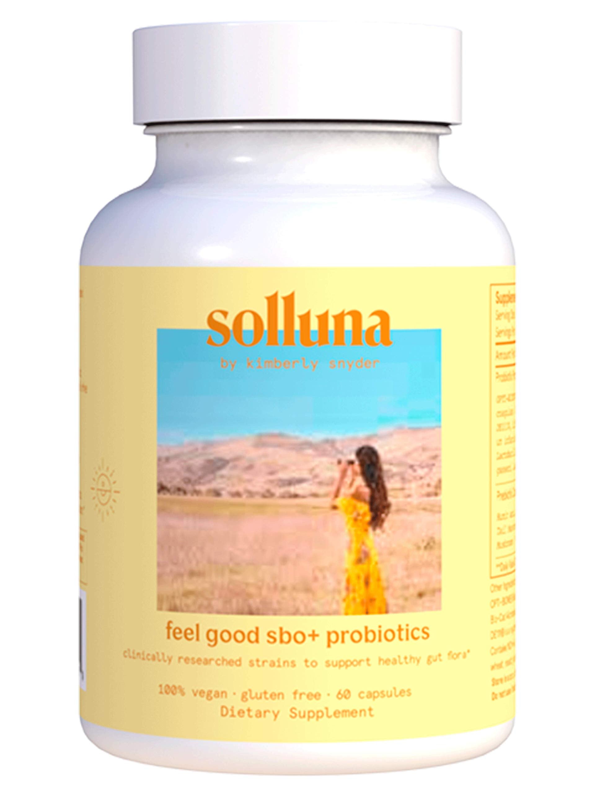 Solluna Feel Good SBO Probiotics bottle highlighting gut support and balanced digestion