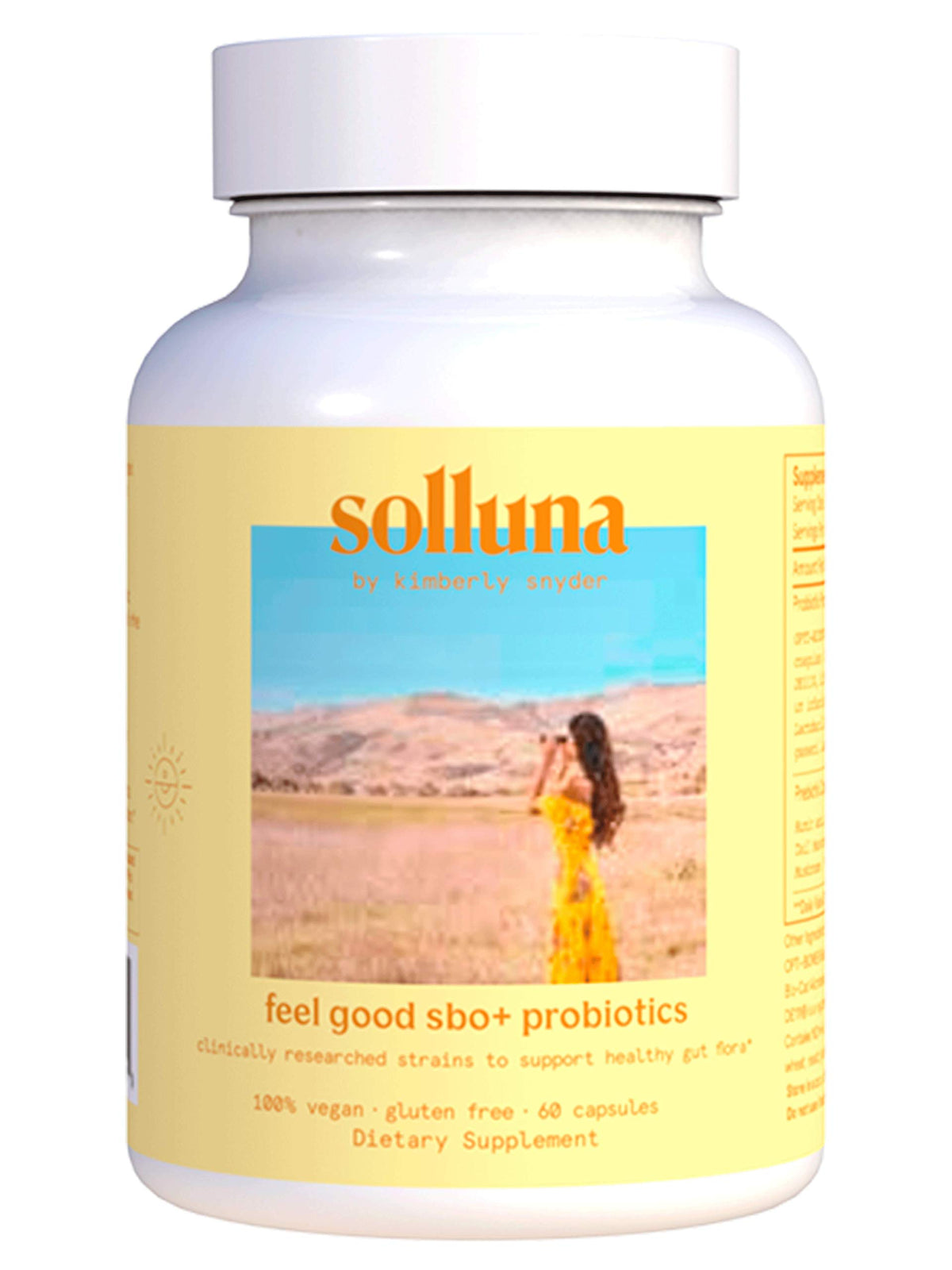 Solluna Feel Good SBO Probiotics bottle highlighting gut support and balanced digestion