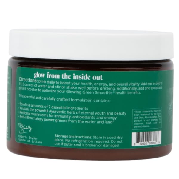 Solluna Greens Superfood Powder glass shake for energy and focus