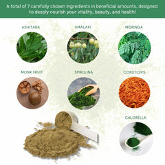 Solluna Greens Superfood Powder ingredients close-up with ashitaba