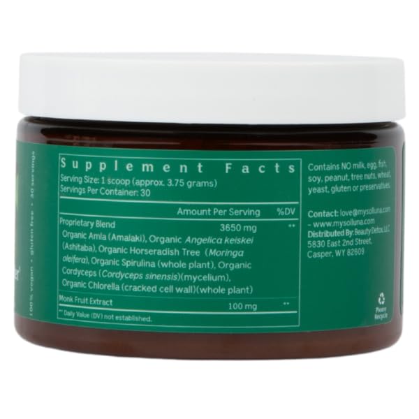 Solluna Greens Superfood Powder spoon showing convenient serving