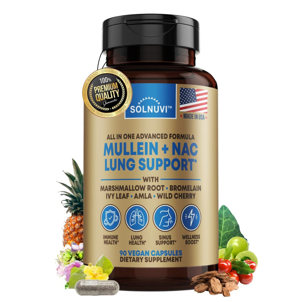 Solnuvi Mullein NAC Lung Detox bottle image showing easy daily capsules for lung wellness