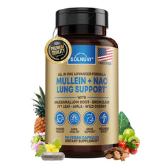 Solnuvi Mullein NAC Lung Detox bottle image showing easy daily capsules for lung wellness