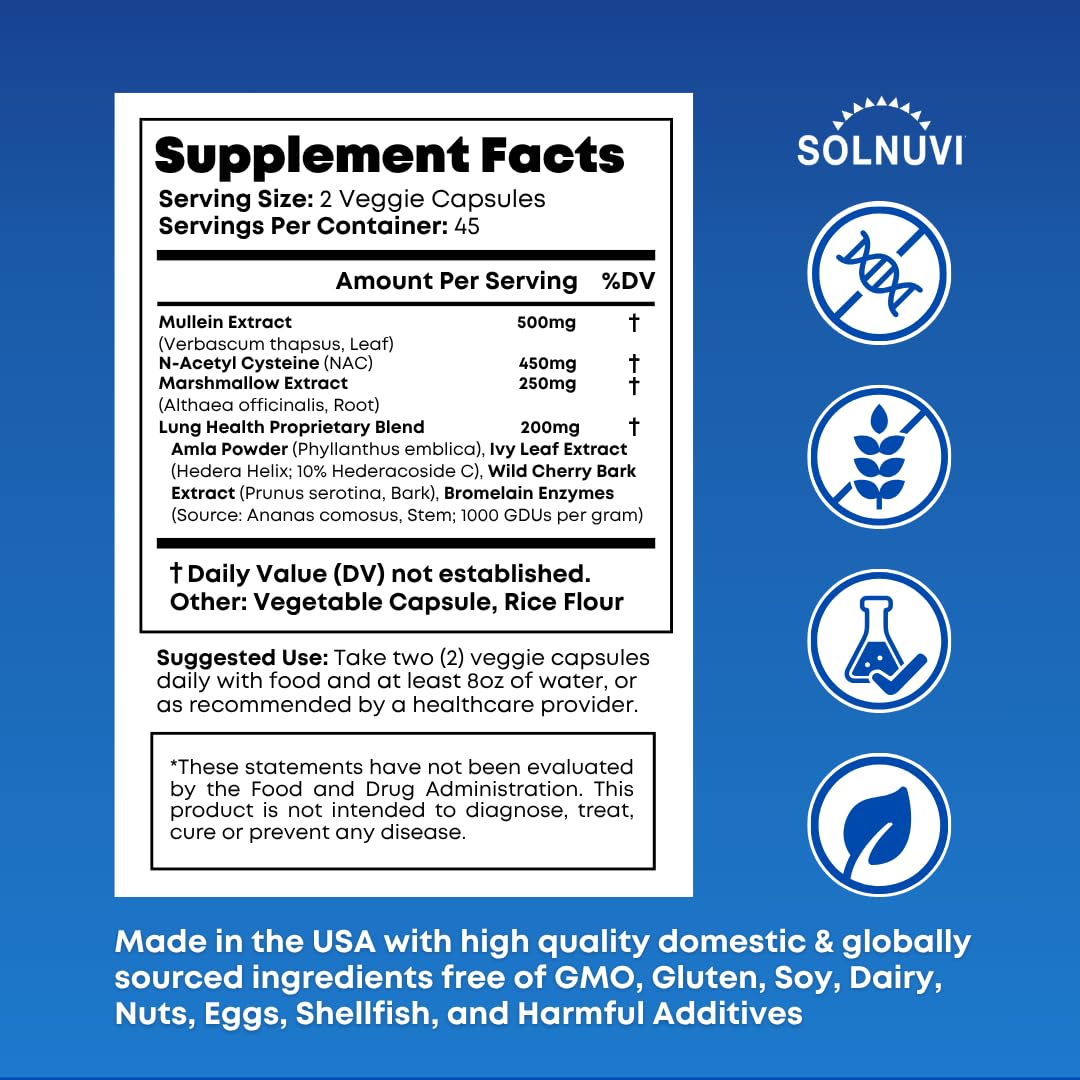 Solnuvi Mullein NAC capsules close-up highlighting two-capsule daily serving