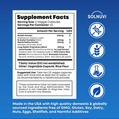 Solnuvi Mullein NAC capsules close-up highlighting two-capsule daily serving