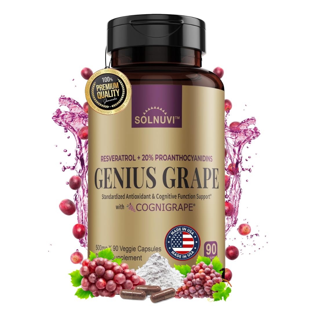 SOLNUVI Resveratrol Complex bottle with label highlighting antioxidants and daily wellness.