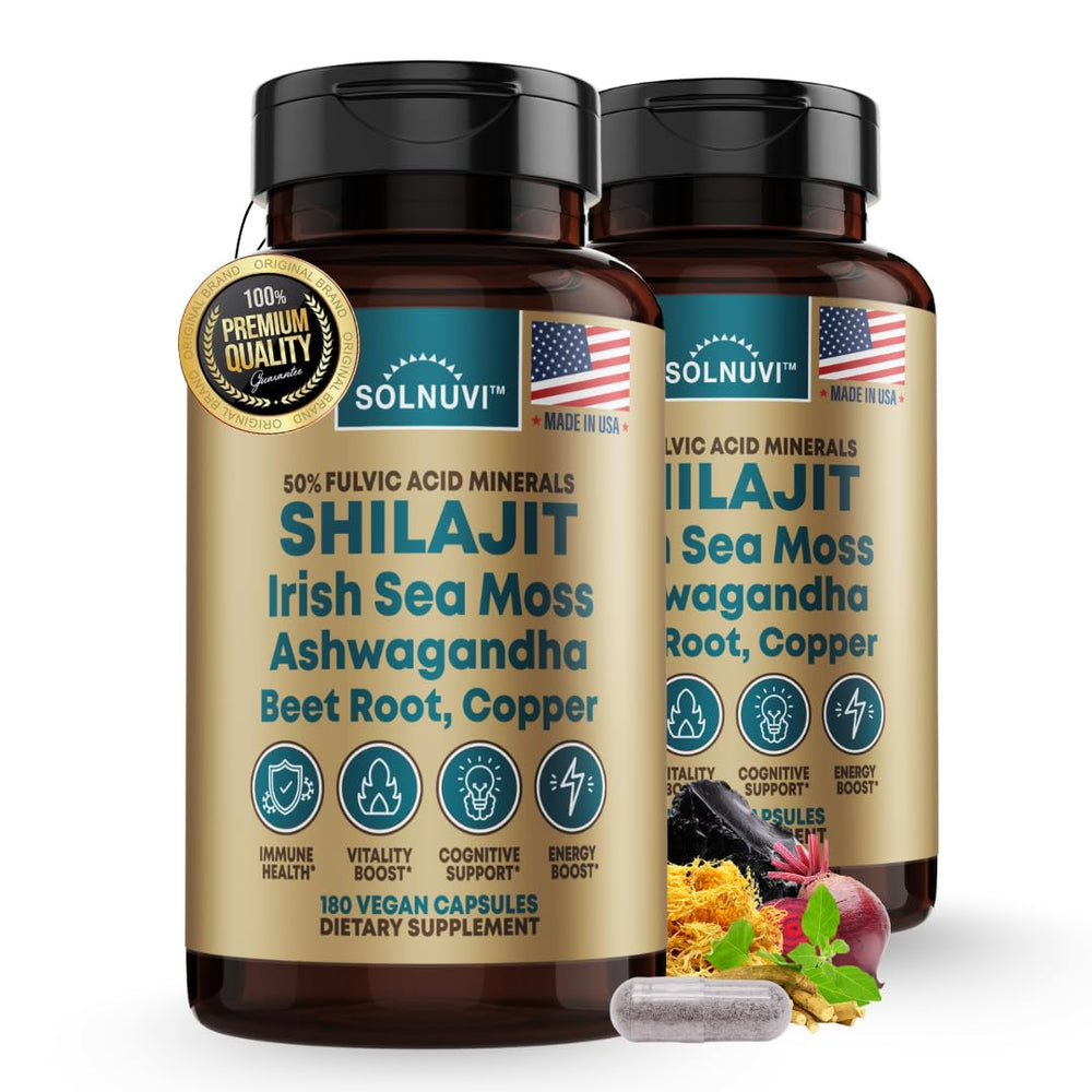 SOLNUVI Shilajit Himalayan capsules bottle for daily vitality support.