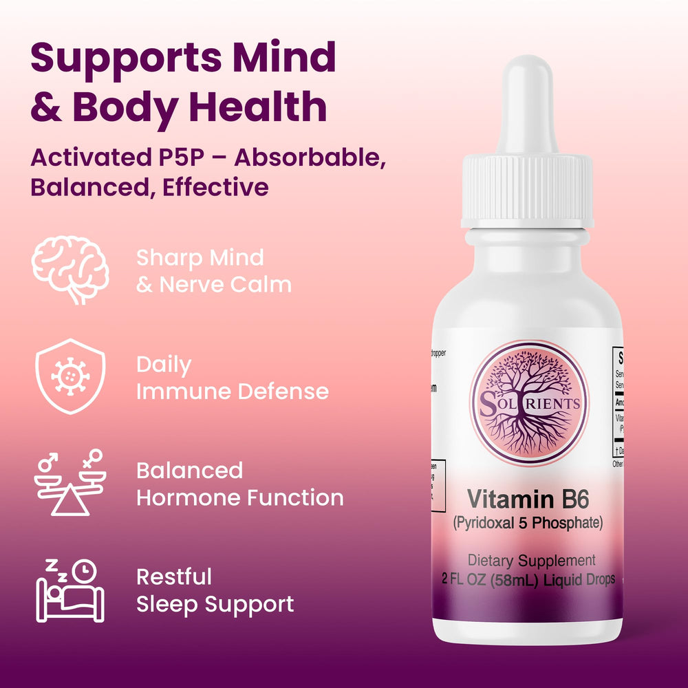 Soltrients B6 P5P bottle side label highlighting 60 servings and clean formula