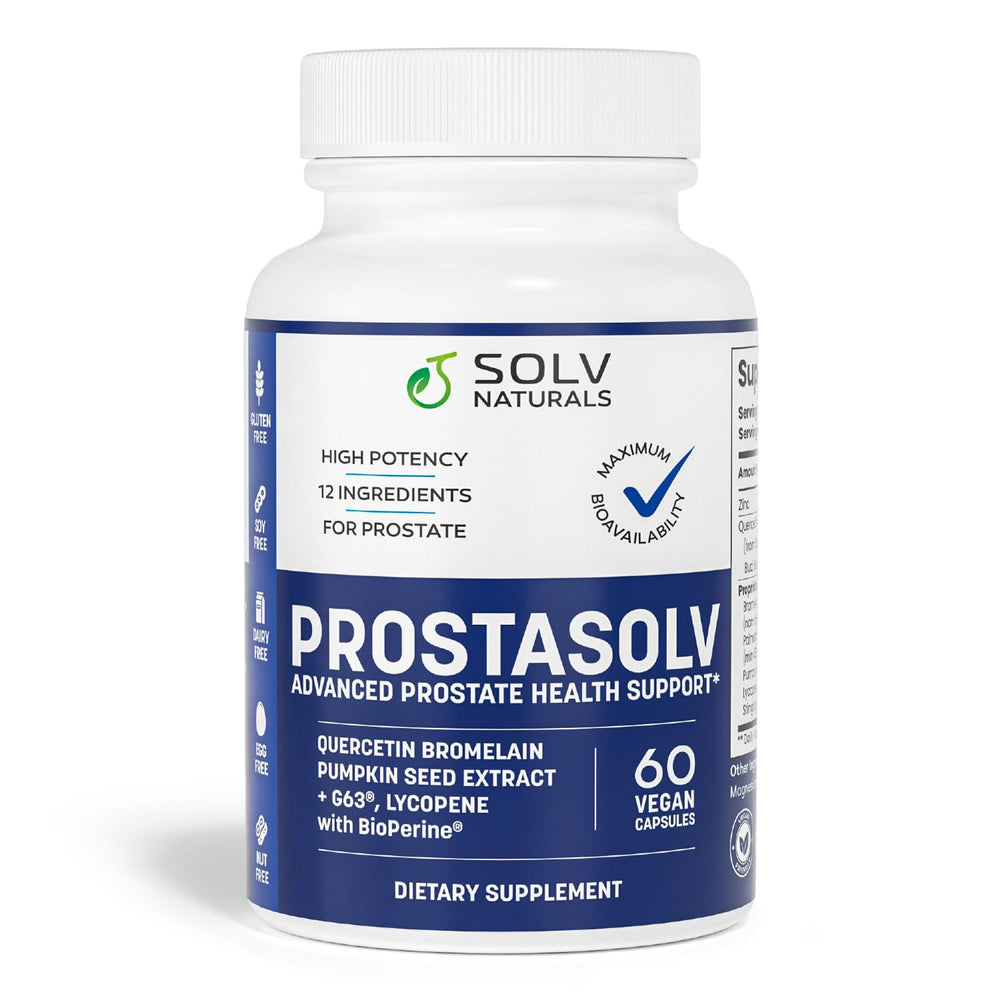 SOLV NATURALS PROSTASOLV bottle on counter promoting pelvic comfort.