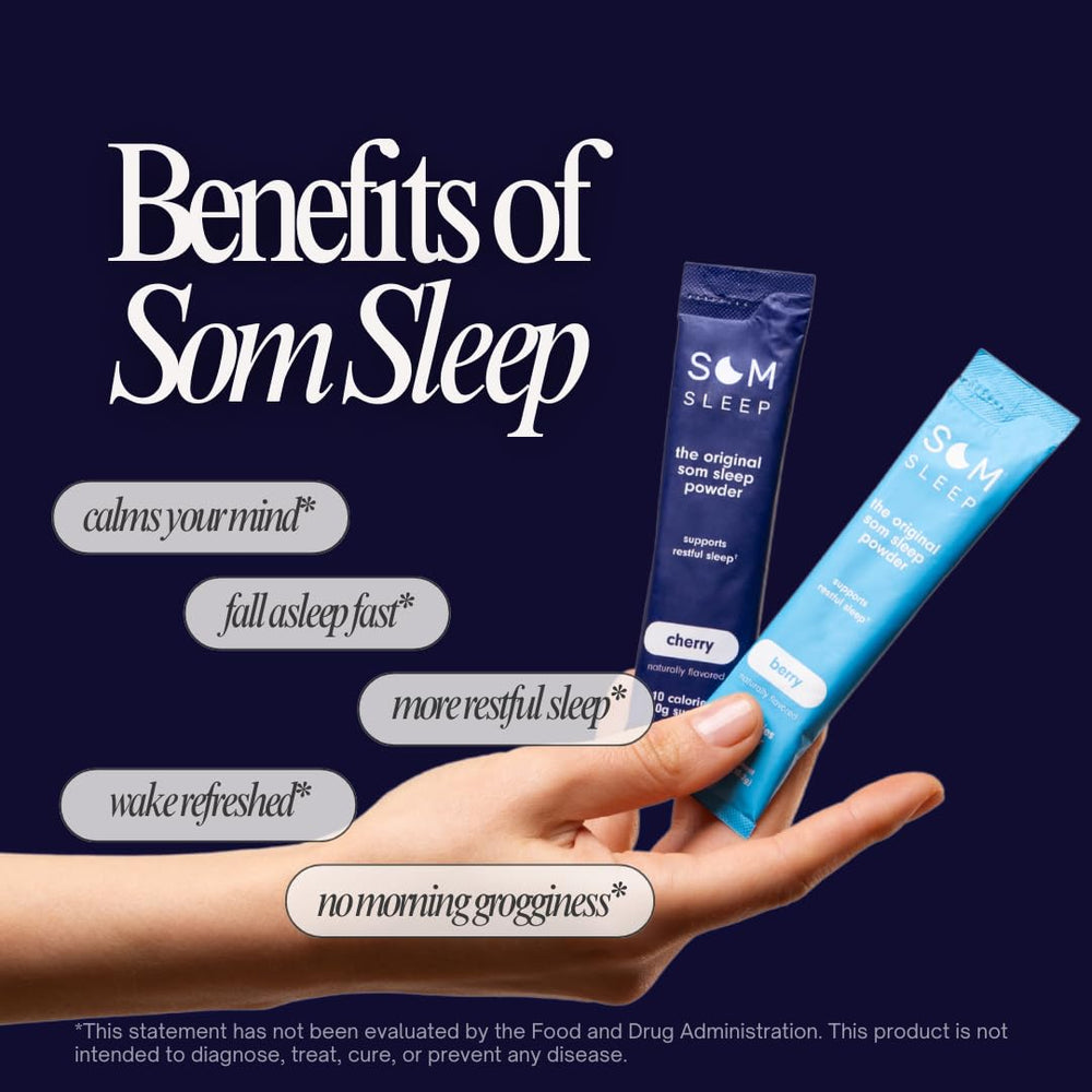 Berry flavored Som Sleep drink in a glass for a calming bedtime ritual.