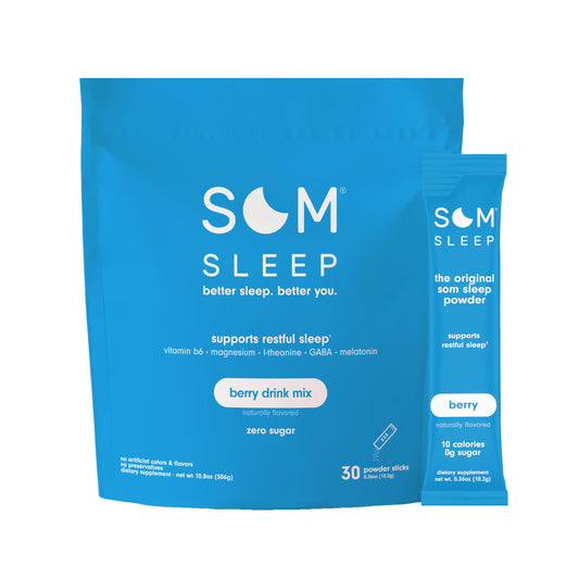 Som Sleep berry powder packaging ready for nightly routine to support relaxation.