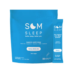 Som Sleep berry powder packaging ready for nightly routine to support relaxation.