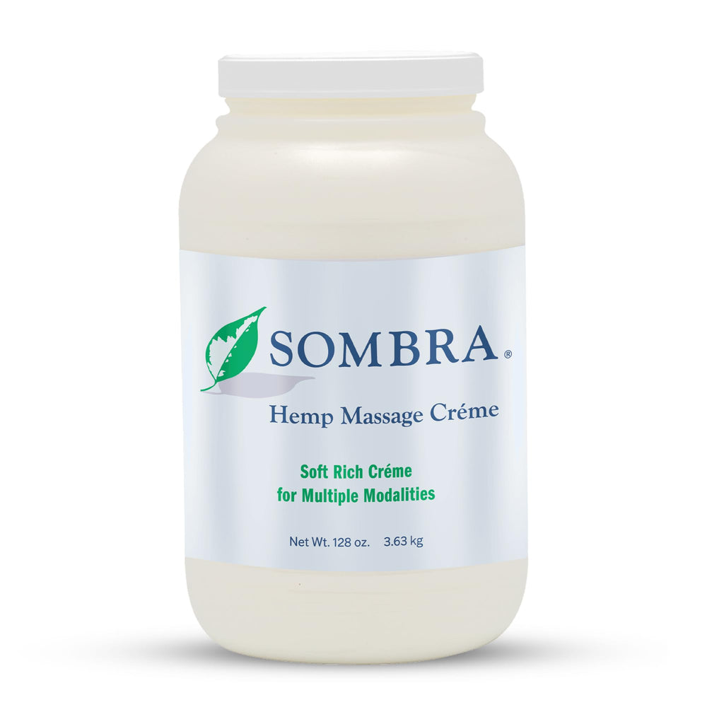 Sombra Hemp Massage Crème bottle close-up for soothing sore muscles.