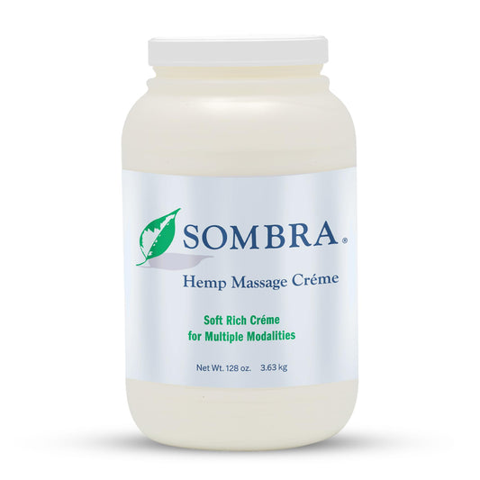 Sombra Hemp Massage Crème bottle close-up for soothing sore muscles.