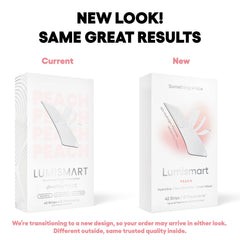 Something Nice Lumismart Peach strip package emphasizes fruity flavor and sensitive teeth friendly whitening.