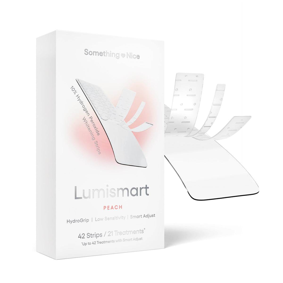 Something Nice Lumismart whitening strips packaging shows enamel-safe, dentist-designed whitening.