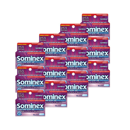 Sominex bottle on nightstand supports a peaceful bedtime.