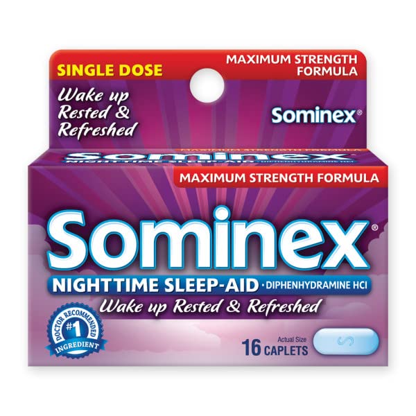 Sominex caplets close-up in jar for maximum-strength sleep.
