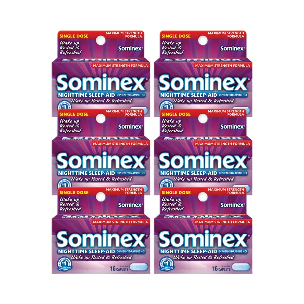 Sominex night-time sleep-aid caplets bottle promotes restful nights without caffeine.