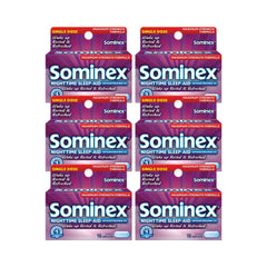 Sominex night-time sleep-aid caplets bottle promotes restful nights without caffeine.