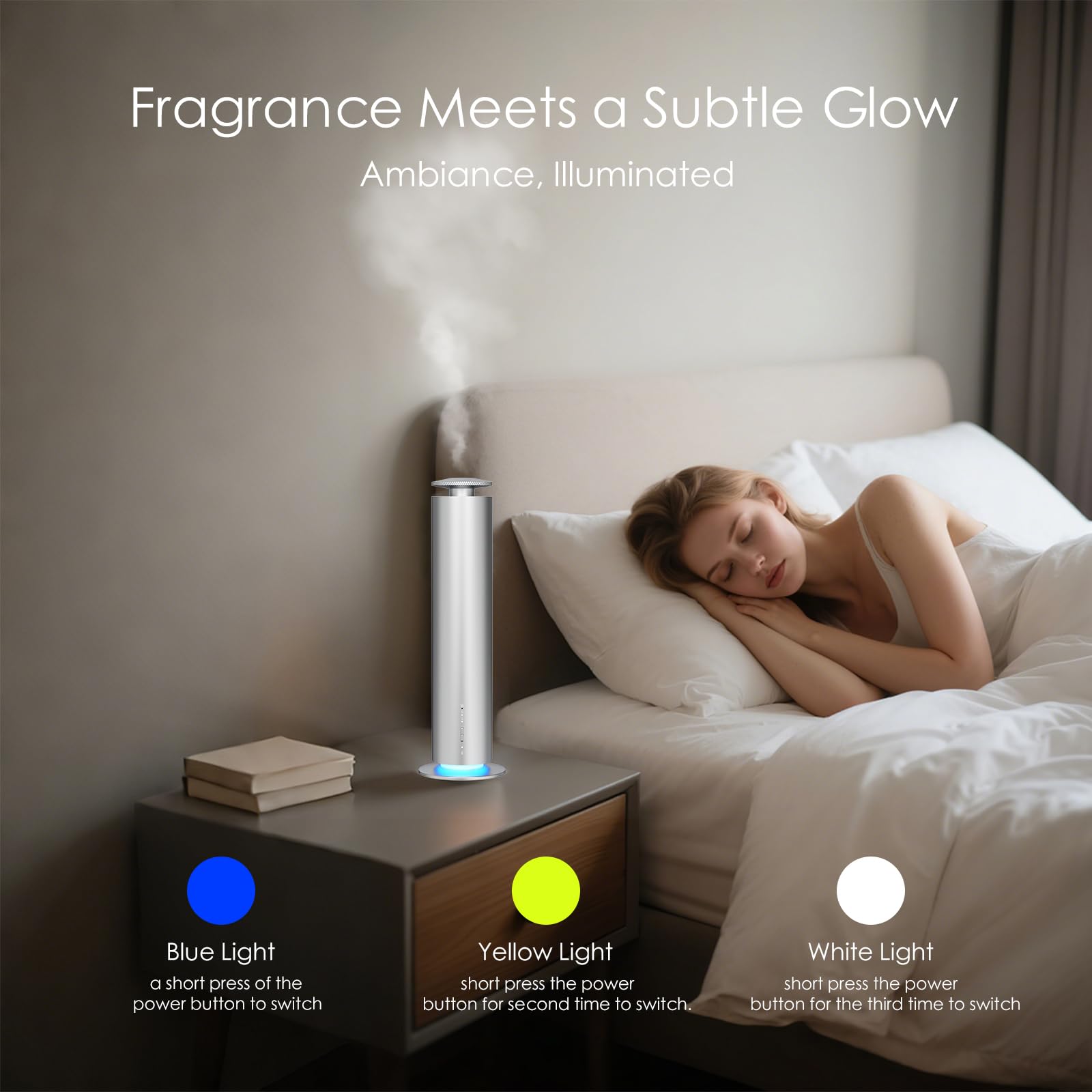 Somniare waterless diffuser ambient light modes for mood enhancement.