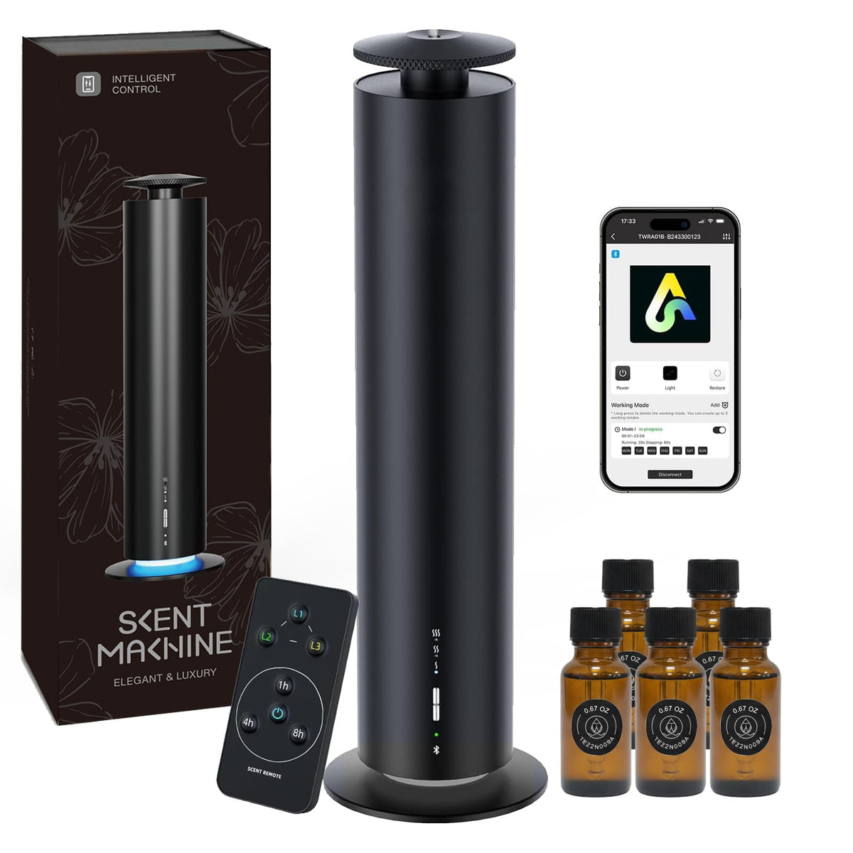 Somniare Waterless Diffuser front view in black enhances modern living spaces