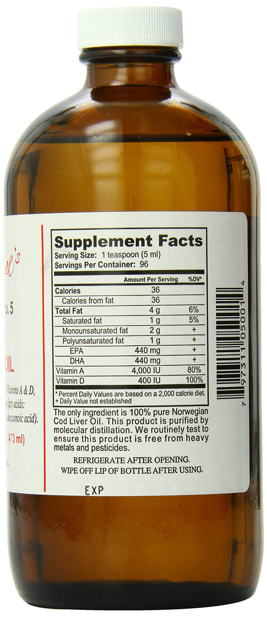 Sonne's No. 5 cod liver oil shown with dosing spoon, suggesting simple daily usage.