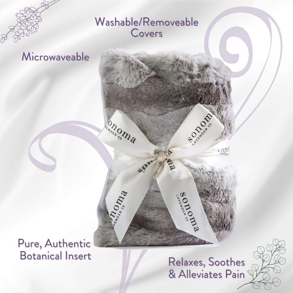 Removable cover of Sonoma Lavender heat wrap offers plush, hypoallergenic comfort