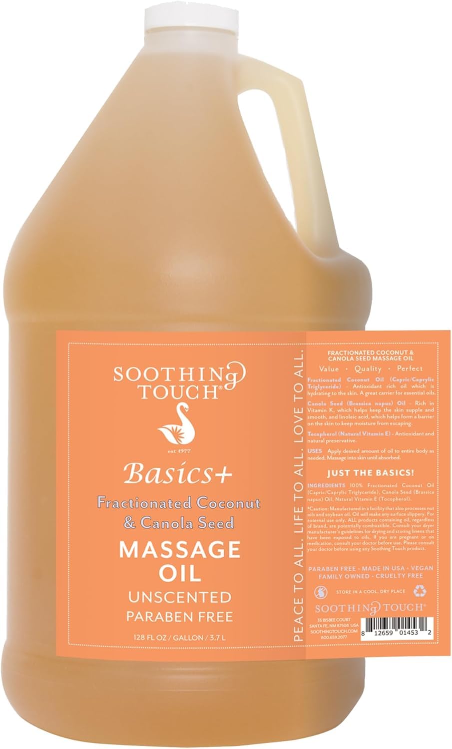 Soothing Touch Basics massage oil bottle with fractionated coconut and canola seed oils for a silky, non-greasy massage.