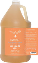 Soothing Touch Basics massage oil bottle with fractionated coconut and canola seed oils for a silky, non-greasy massage.