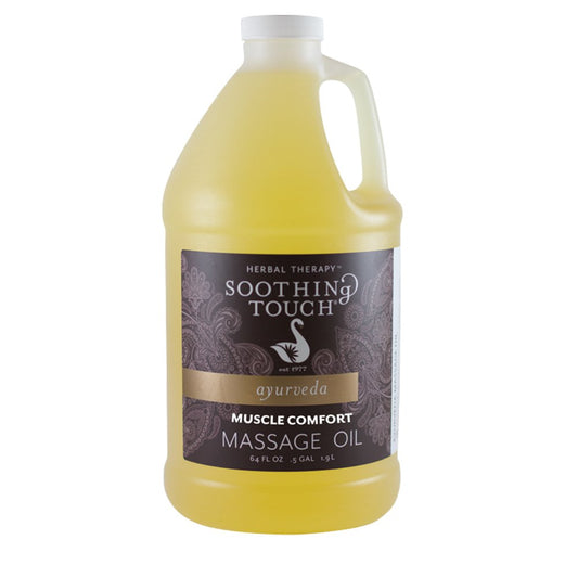Soothing Touch Muscle Comfort Oil bottle provides a smooth glide for massage sessions