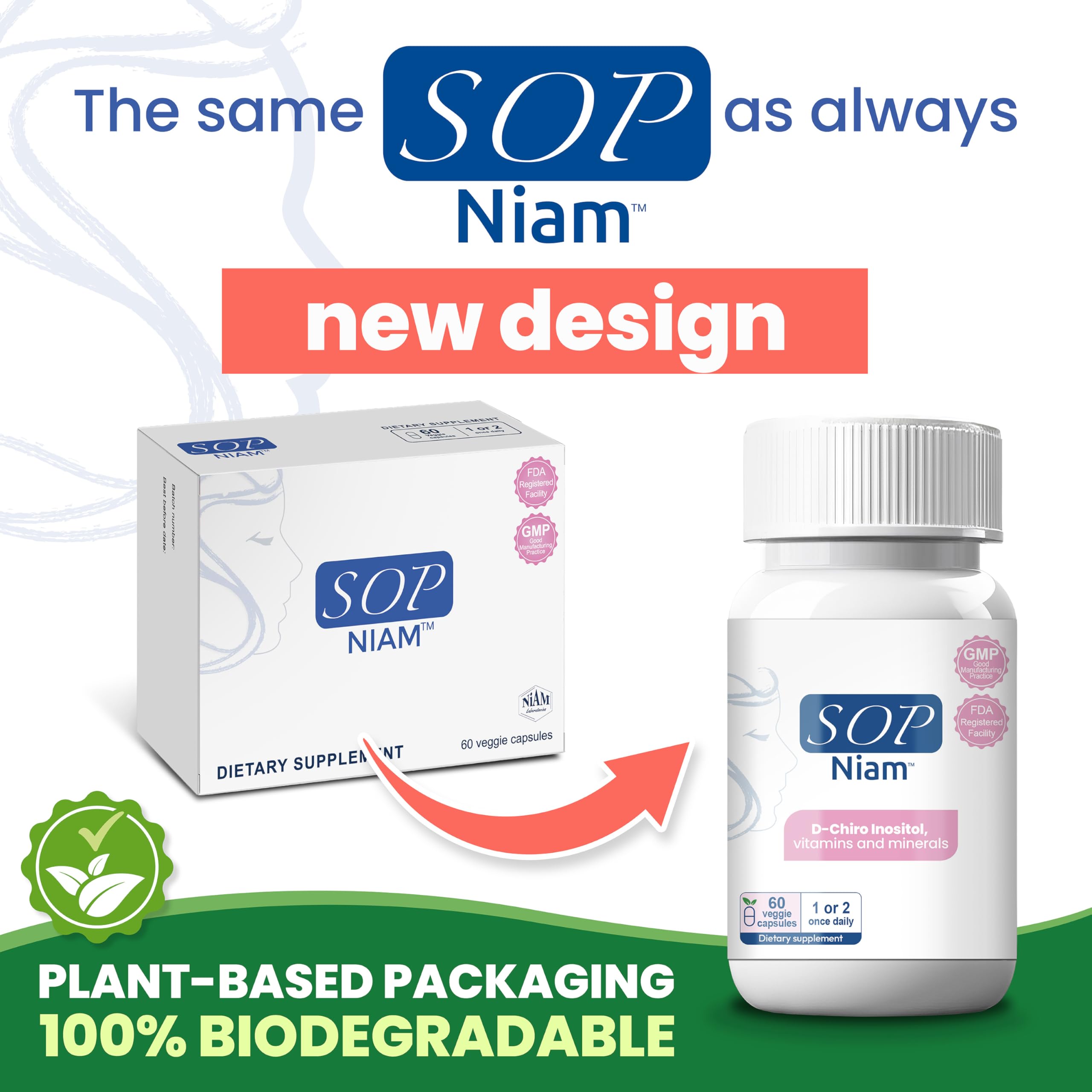 SOP NIAM capsules close-up featuring 500mg D-Chiro Inositol for hormonal support