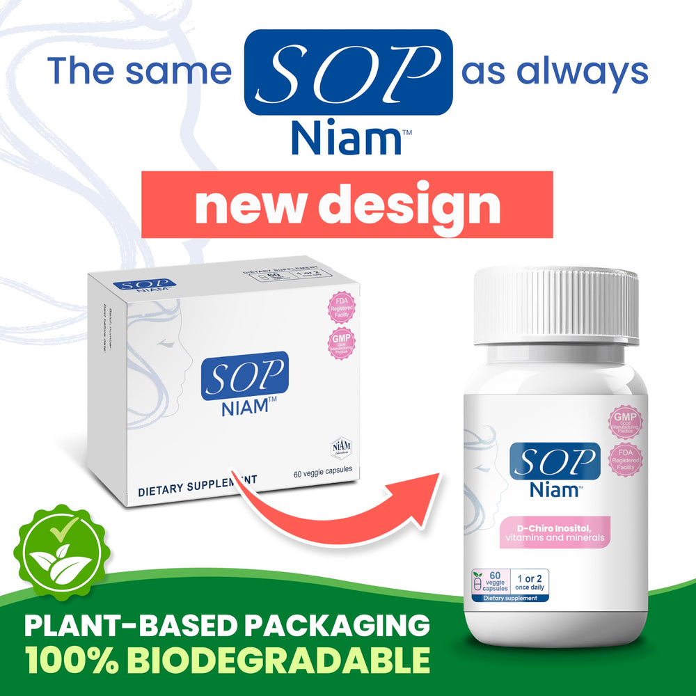 SOP NIAM capsules close-up featuring 500mg D-Chiro Inositol for hormonal support