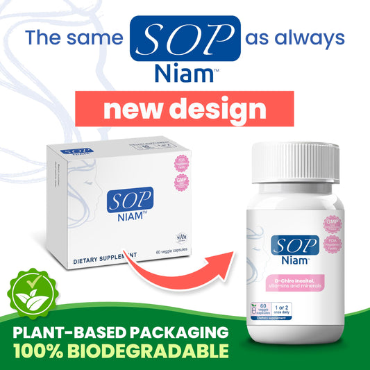 SOP NIAM capsules close-up featuring 500mg D-Chiro Inositol for hormonal support