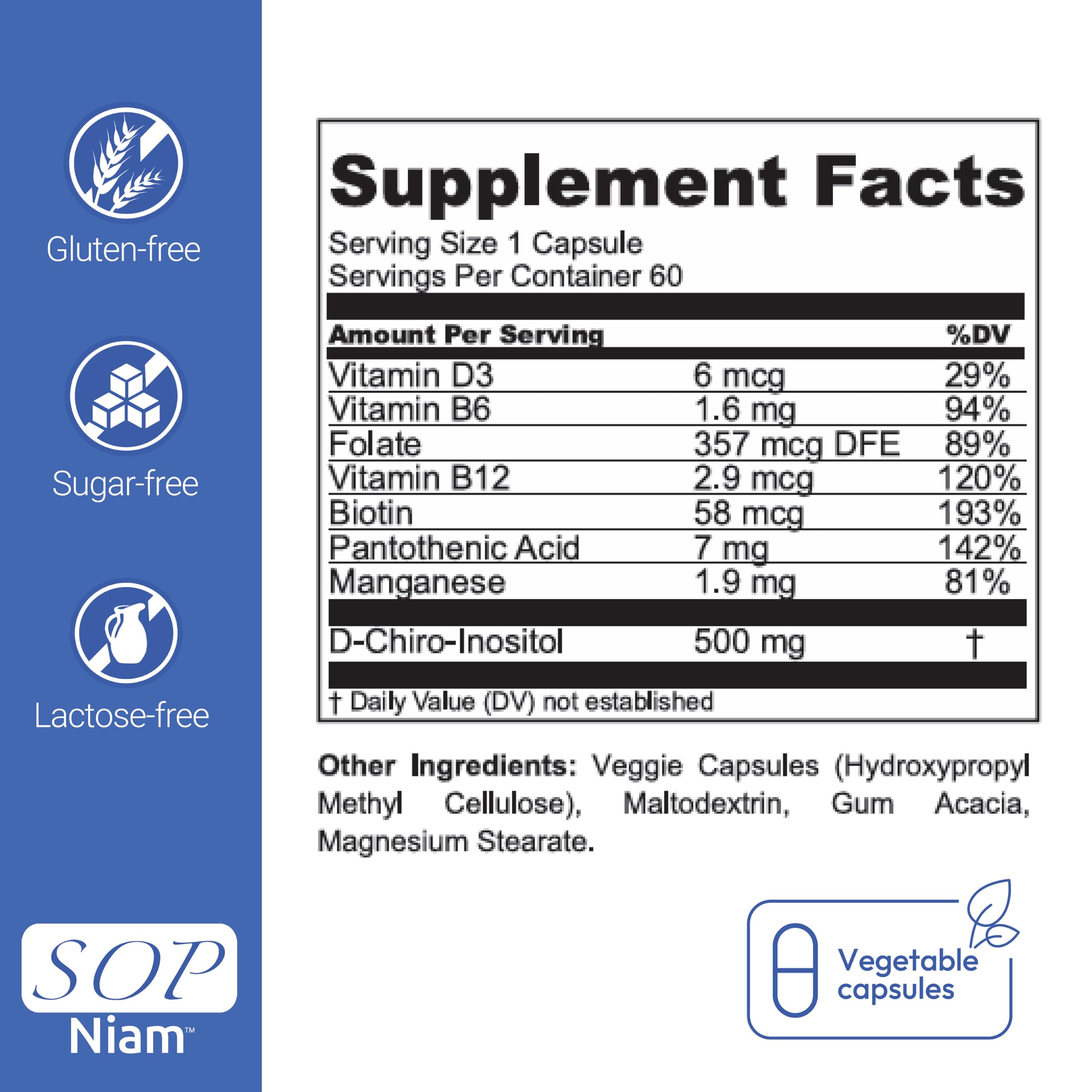 SOP NIAM label close-up showing D3, B6 and B12 vitamins