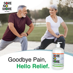 Sore No More 32oz pump bottle enables easy, repeatable application.