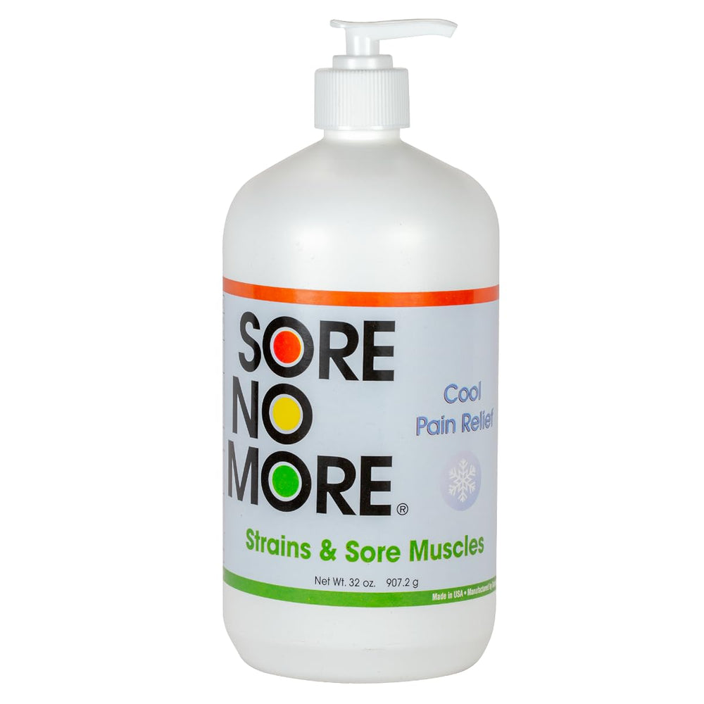 Sore No More cooling gel bottle with pump for quick post-activity relief.