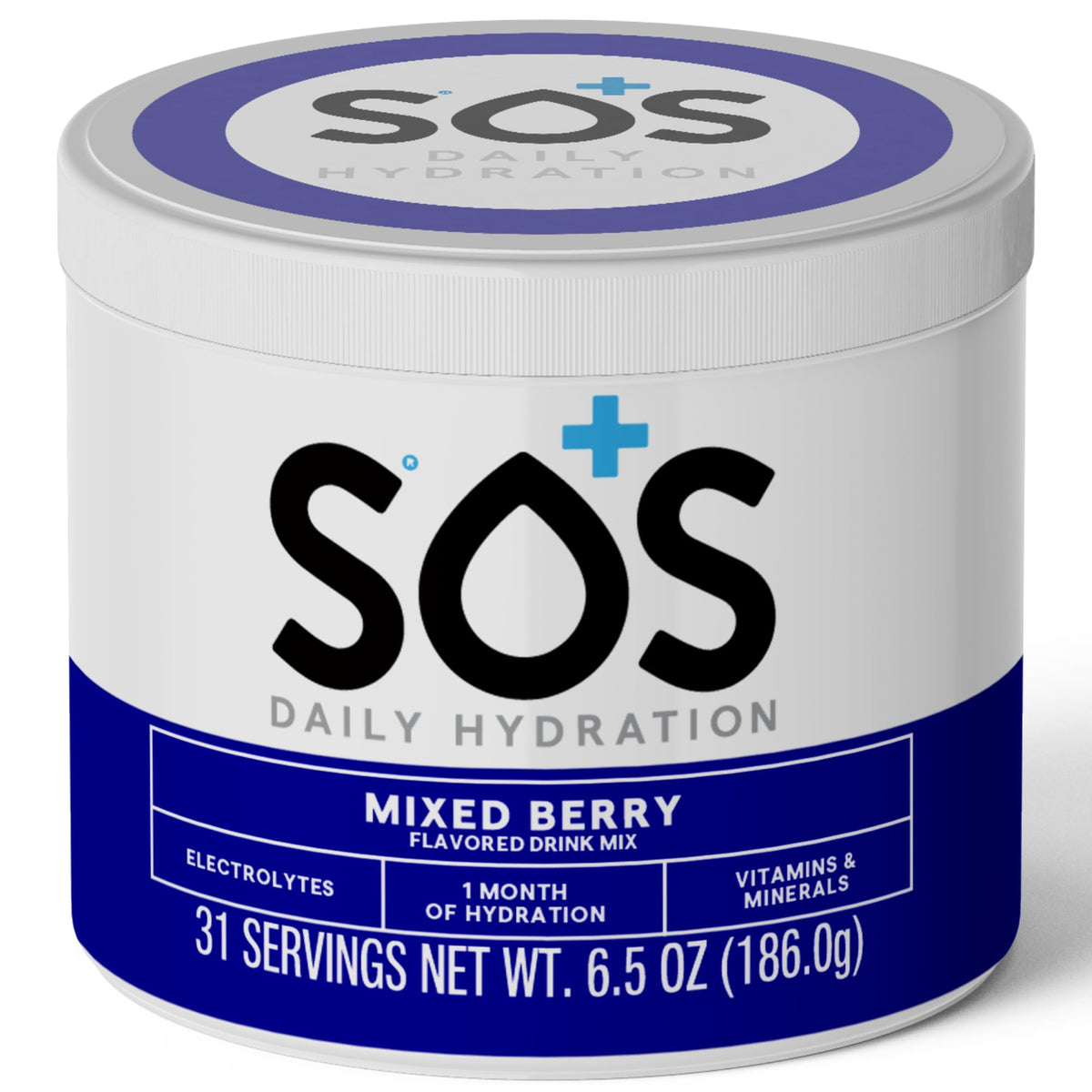 SOS Hydration mixed berry electrolyte powder in a jar supports quick rehydration after workouts