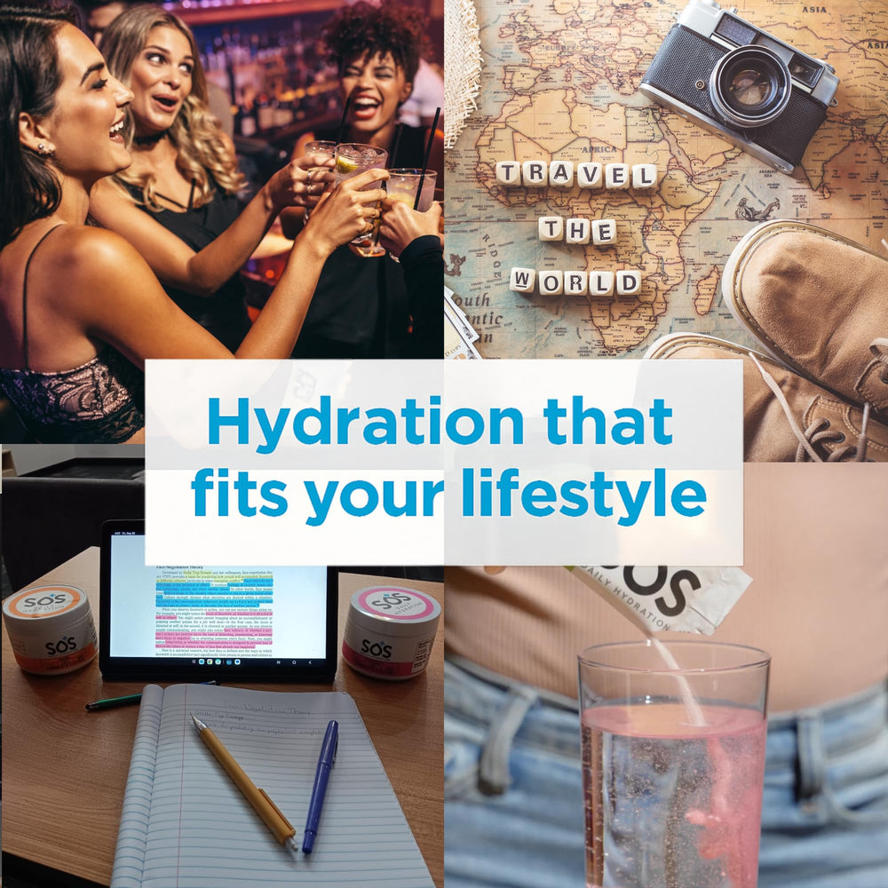 SOS Hydration on a travel bag demonstrates hydration on the go.