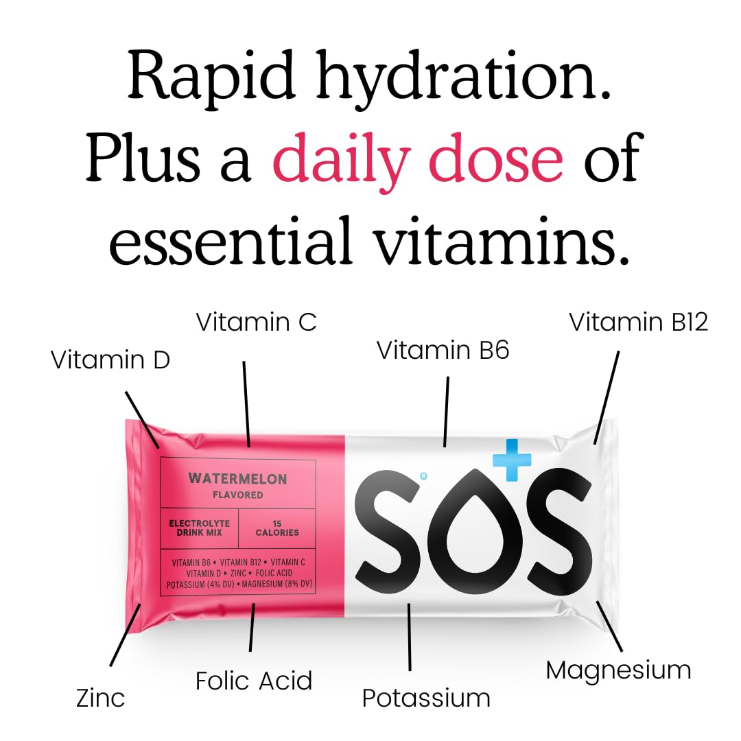 SOS Hydration tub label highlights the product's hydration benefits.