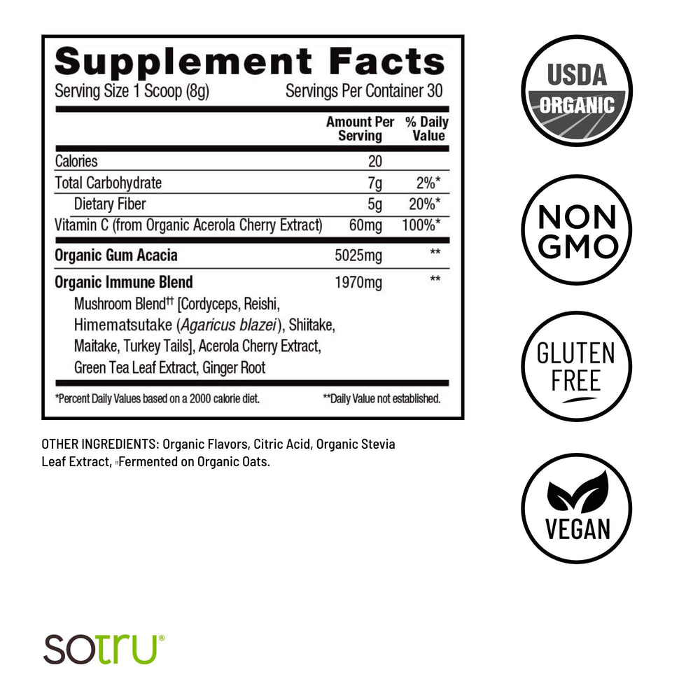 SOTRU Certification label confirms organic, non-GMO, vegan attributes.