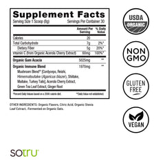 SOTRU Certification label confirms organic, non-GMO, vegan attributes.