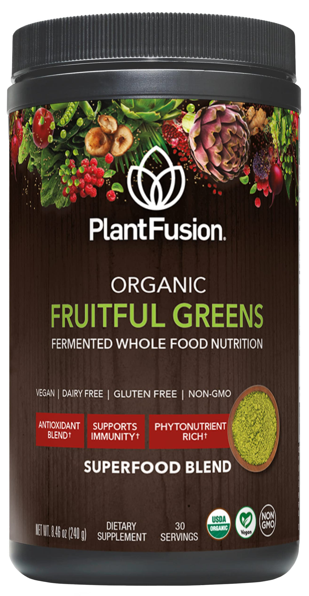 SOTRU Fruitful Greens bottle pour showing quick, mess-free daily greens boost