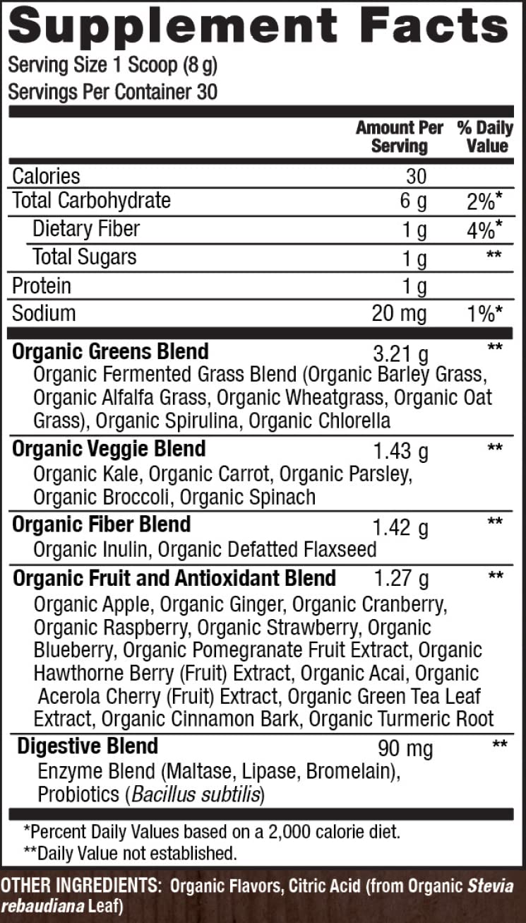 SOTRU Fruitful Greens organic non-GMO badge signaling clean gluten-free nutrition