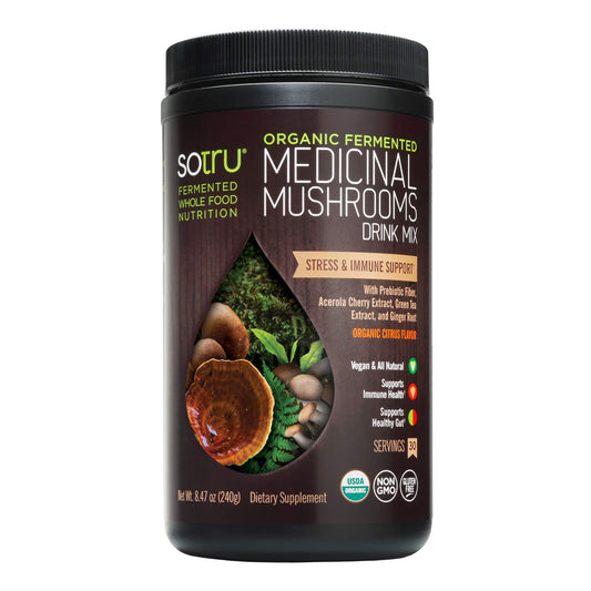 SOTRU Mushroom Powder Drink Mix package offering a convenient citrus boost for daily routines.