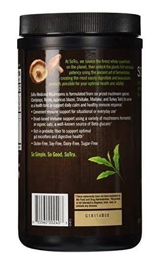 SOTRU Mushroom Powder Drink Mix pour demonstrates quick-dissolving powder for fast, smooth mixing.
