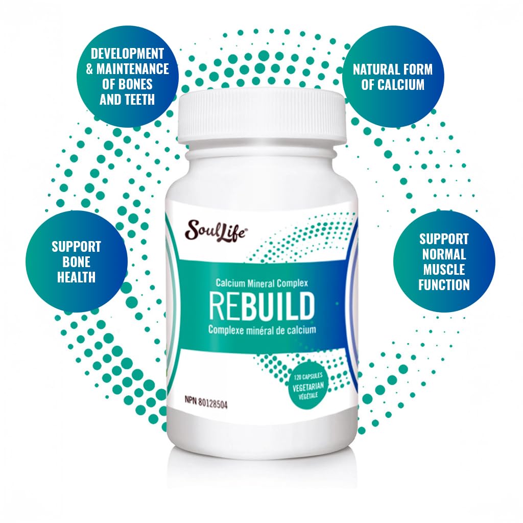SoulLife Rebuild capsules closeup highlights calcium magnesium blend for daily bone strength.