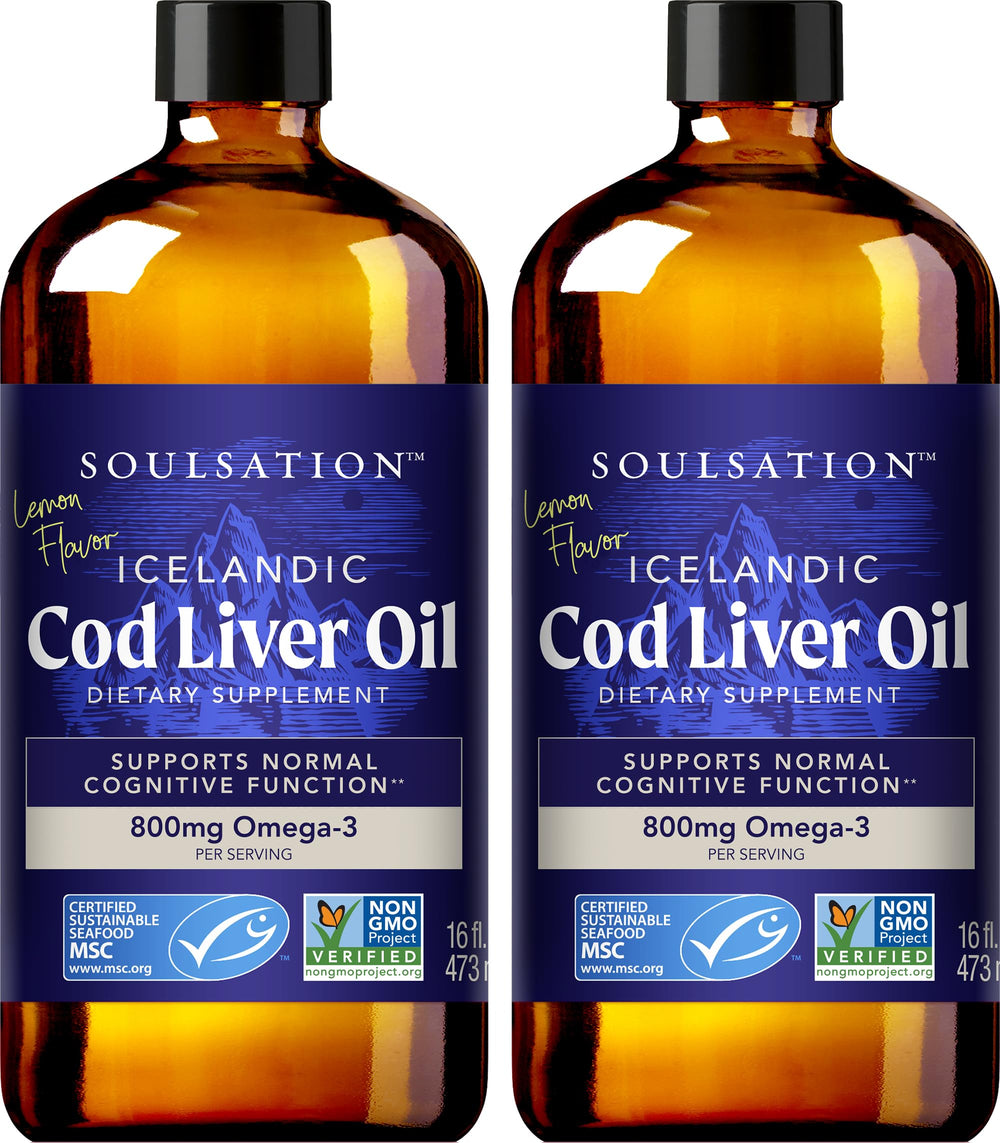 SOULSATION Icelandic Cod Liver Oil bottle with lemon flavor for daily omega-3 intake.