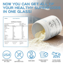 Sound Health Colostrum label closeup highlighting grass-fed, hormone-free ingredients